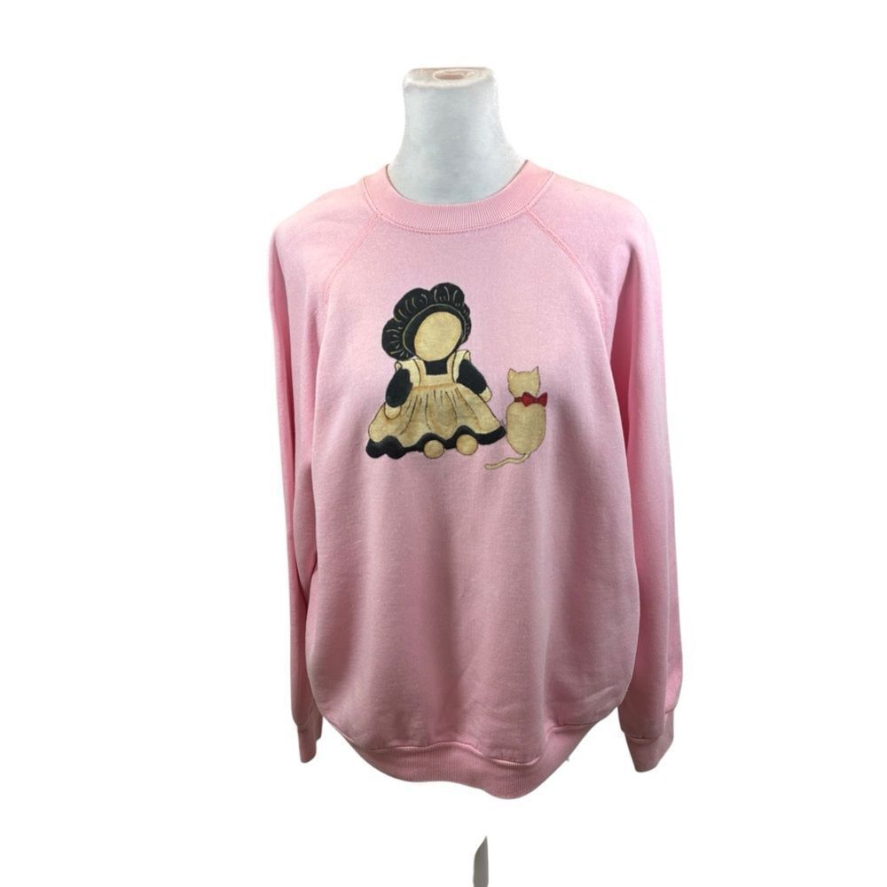 Vintage Ladies Pink Sweatshirt with Baby and Cat Hand Painted on Front Large